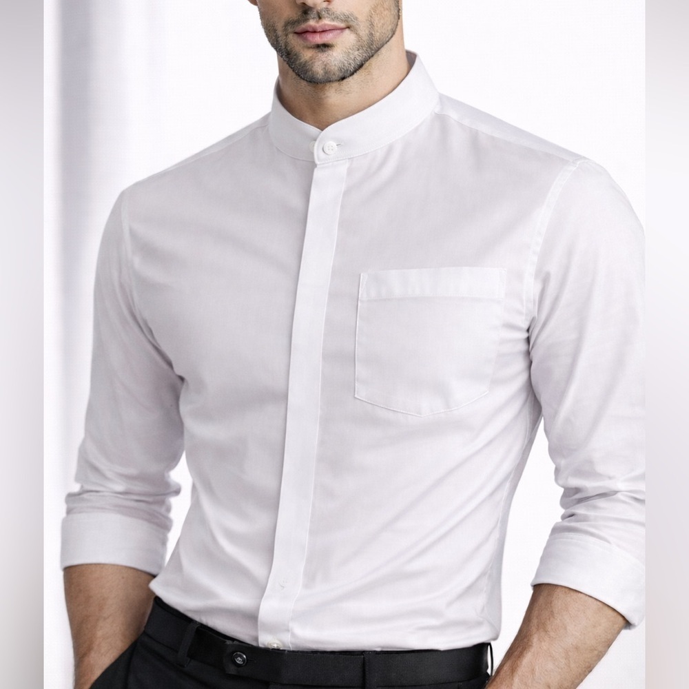 Damante Couture Collection White Mandarin Collar Shirt | Hidden Placket (1138-1)